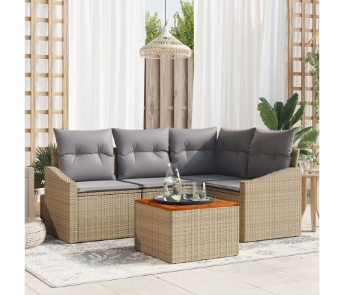 Conjunto de sofá de jardín de 5 piezas con cojines beige de ratán sintético de acacia