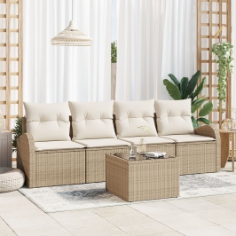 Conjunto de Sofás de Jardín  de 5 Piezas con Cojines Beige de Ratán Polipropileno