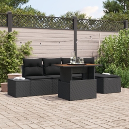 Conjunto de Comedor de Jardín de 6 Piezas con Cojines Negro Poliratán Acacia