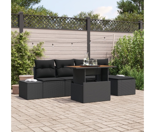 Conjunto de Comedor de Jardín de 6 Piezas con Cojines Negro Poliratán Acacia