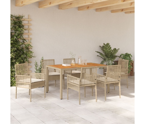 Conjunto de Comedor de Jardín  de 7 Piezas con Cojines Beige de Ratán Polipropileno