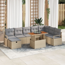 Juego de Sofás de Jardín de 9 Piezas con Cojines Poliratán Beige,  Sofá de Jardín para 2 Personas con Cojines Poliratán Beige
