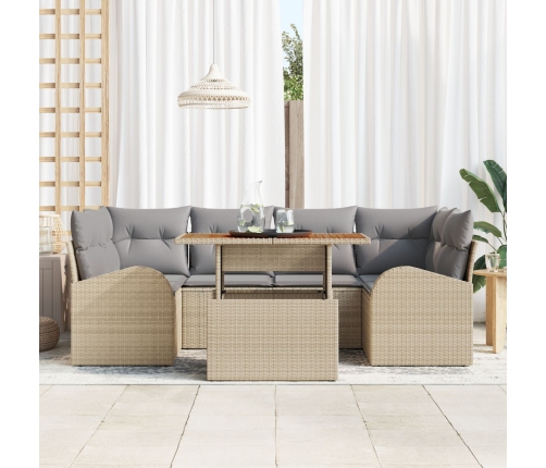 Conjunto de Comedor de Jardín de 7 Piezas con Cojines Beige Poliratán Acacia