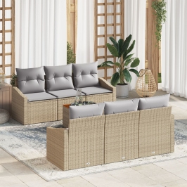 Juego de Sofás de Jardín de 7 Piezas con Cojines Beige de Polirratán de Acacia