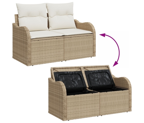 Juego de Sofá de Jardín  de 6 Piezas con Cojines Beige Poliratán, Sofá de Jardín  de 2 Plazas con Almacenamiento y Cojines Beige Poliratán
