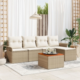 Conjunto de sofá de 6 piezas para jardín con cojines beige de ratán sintético y acacia