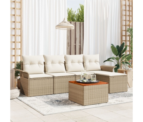 Conjunto de sofá de 6 piezas para jardín con cojines beige de ratán sintético y acacia