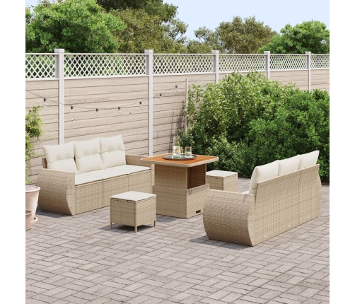 Sofá de jardín  9 piezas con cojines beige de ratán PE y acacia, Comedor de jardín  3 piezas con cojines beige de ratán PE y acacia