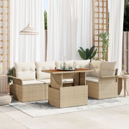 Set de comedor de jardín de 6 piezas con cojines en Beige de Poliratán