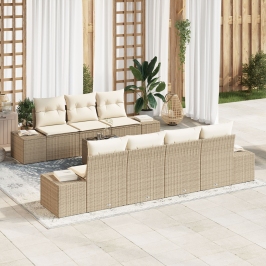 Juego de sofá de jardín de 8 piezas con cojines Beige Ratán Poliéster