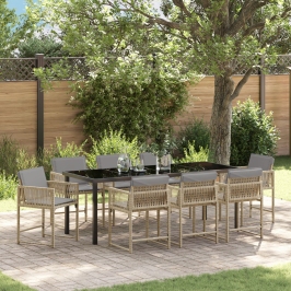 Conjunto de Comedor de Jardín  de 9 Piezas con Cojines Beige Ratán Poliéster