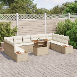 Conjunto de Comedor de Jardín de 11 Piezas con Cojines Beige Poliratán Acacia