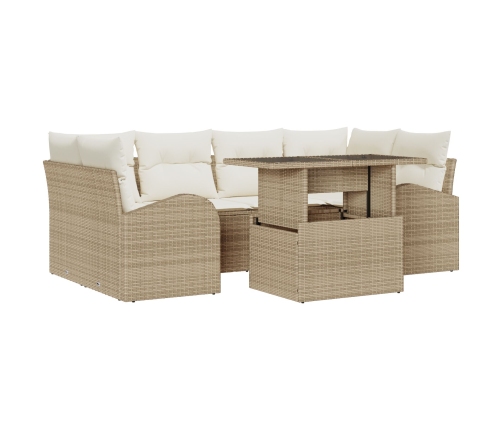 Set de Sofá de Jardín de 7 Piezas con Cojines Beige de Poliratán