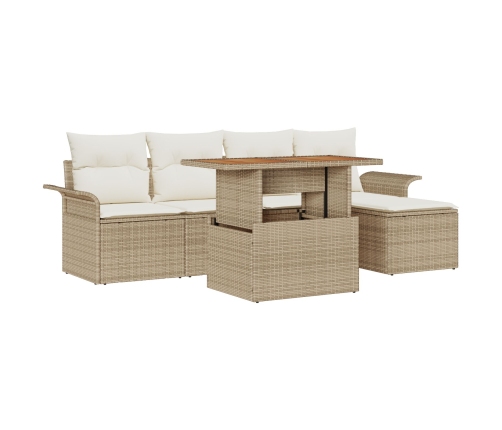 Conjunto de Comedor de Jardín de 6 Piezas con Cojines Beige Ratán Poliéster Acacia