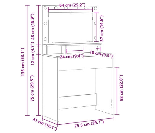Mesa de tocador  con luces LED de madera antigua 79x41x135 cm