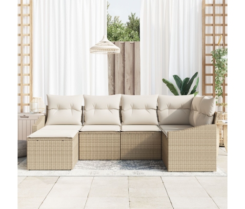 Conjunto de Comedor Jardín de 6 Piezas con Cojines Beige Ratán Poliéster