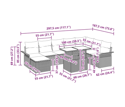 Set de Sofá de Jardín de 9 Piezas con Almohadas Negro Poliratán