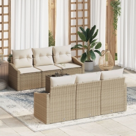 Juego de Sofá de Jardín de 7 Piezas con Cojines Beige Poliratán