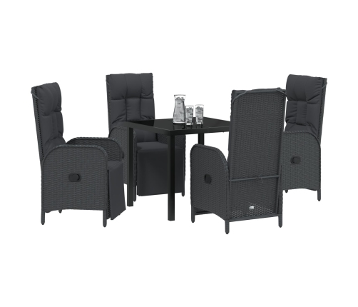 Juego de comedor para jardín  de 5 piezas con cojines, negro, poliratán