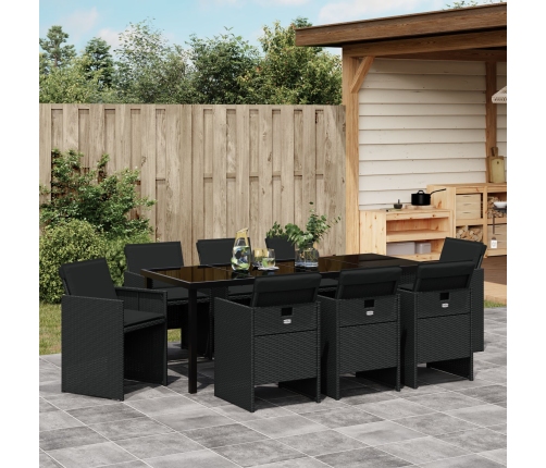 Conjunto de Comedor de Jardín de 9 Piezas con Cojines - Poliratán Negro