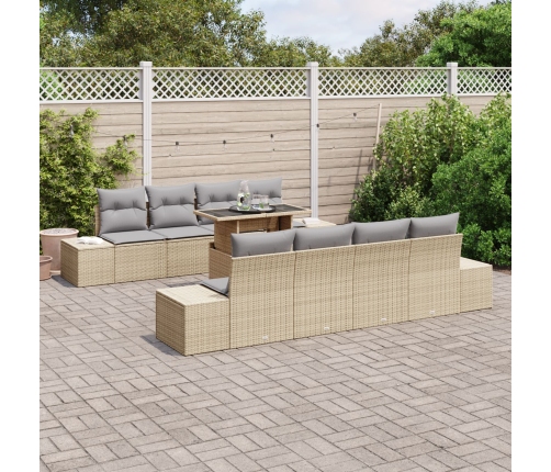 Conjunto de Sofá de Jardín de 9 Piezas con Cojines Beige de Ratán Poliéster