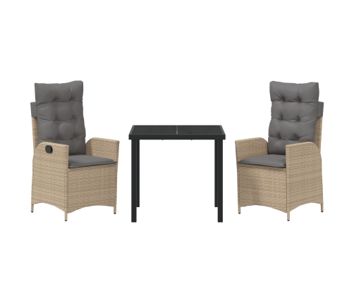 Juego de Comedor de Jardín de 3 Piezas con Cojines Beige Poliratán