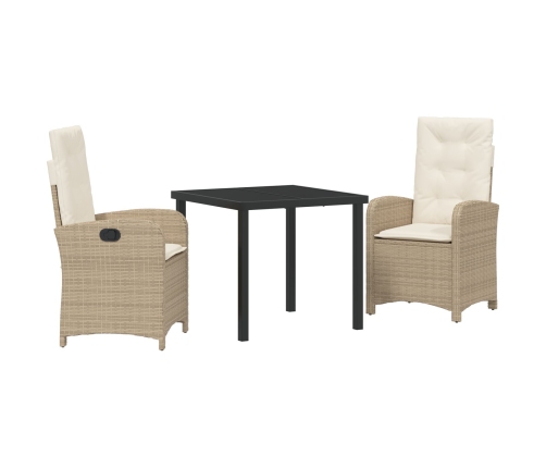 Set de Comedor de Jardín de 3 Piezas con Cojines Beige Poliratán