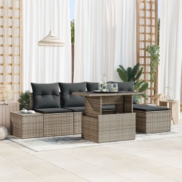 Conjunto de Sofás de Jardín  6 Piezas Beige Ratán y Poliéster