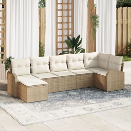 Conjunto de Sofá de Jardín de 7 Piezas con Cojines Beige de Polirratán