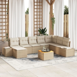 Conjunto de Sofás de Jardín  de 9 Piezas con Cojines Beige Poliratán Acacia