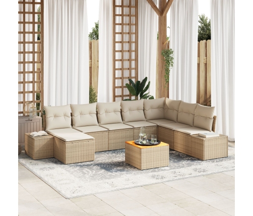 Conjunto de Sofás de Jardín  de 9 Piezas con Cojines Beige Poliratán Acacia