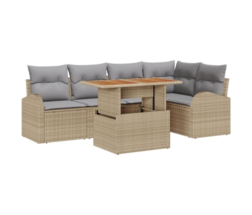 Juego de Comedor de Jardín de 6 Piezas con Cojines Poliratán Beige Acacia