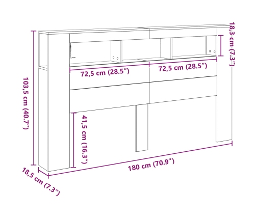 Cabezal de Almacenamiento  con Luces LED Roble Negro 180x18,5x103,5 cm