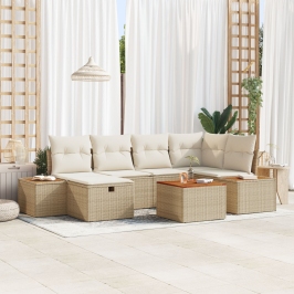 Conjunto de Sofás de Jardín de 7 Piezas con Cojines Beige de Ratán Sintético