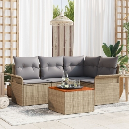 Juego de Sofá de Jardín de 5 Piezas con Cojines Beige de Poliratán Acacia
