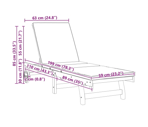 Sillones de sol  2 piezas con ruedas y cojín de madera de acacia maciza