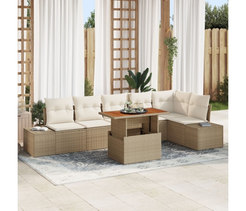 Set de Jardín de 7 Piezas con Cojines Beige Ratán Sintético Acacia