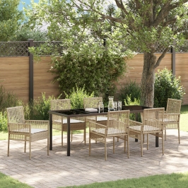 Conjunto de Comedor de Jardín de 7 Piezas con Cojines Beige de Ratán