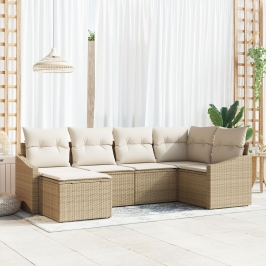 Conjunto de Comedor Jardín de 6 Piezas con Cojines Beige Ratán Poliéster