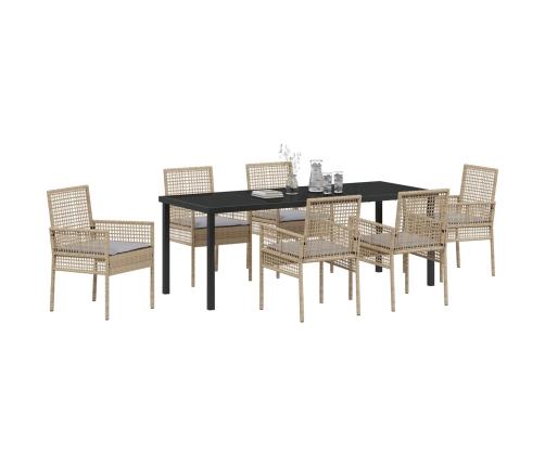 Juego de Comedor de Jardín de 7 Piezas con Cojines Beige Poliratán