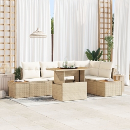 Conjunto de Sofá de Jardín  Set de 6 Beige, Crema Ratán, Poliéster