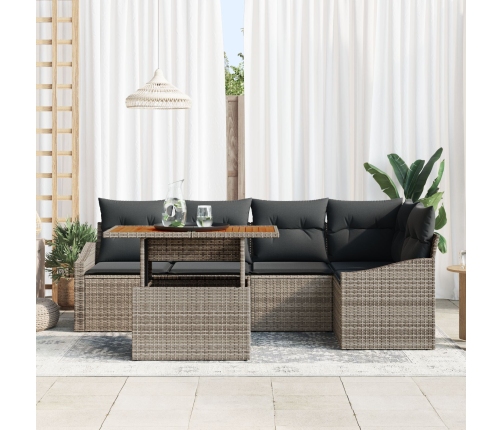 Conjunto de Comedor de Jardín de 6 Piezas con Cojines Gris Ratán Poliéster Acacia