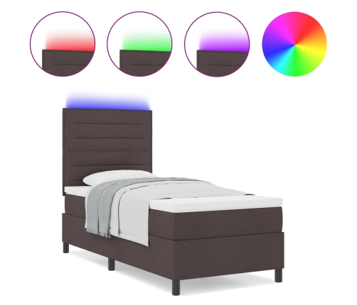 Cama con Base de Resortes con Colchón y LED Marrón Oscuro 100x200 cm Tela
