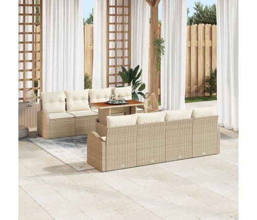 Juego de Comedor de Jardín de 9 Piezas con Cojines Beige Ratán Sintético Acacia