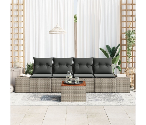 Conjunto de Sofá de Jardín de 5 Piezas con Cojines Gris Poliratán Acacia