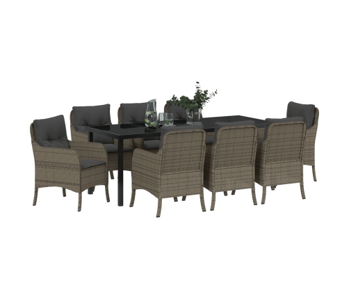 Conjunto de Comedor Jardín  de 9 Piezas con Cojines Gris Ratán Poliéster