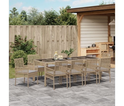 Juego de Comedor de Jardín de 11 Piezas con Cojines Beige Poliratán