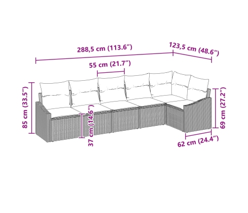 Set de Comedor de Jardín  de 6 piezas con Cojines Ratán Poliéster Marrón