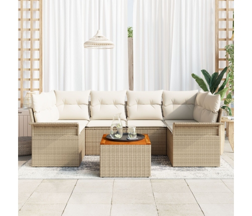 Juego de Sofá de Jardín de 7 Piezas con Cojines Beige Ratán Poliéster Acacia