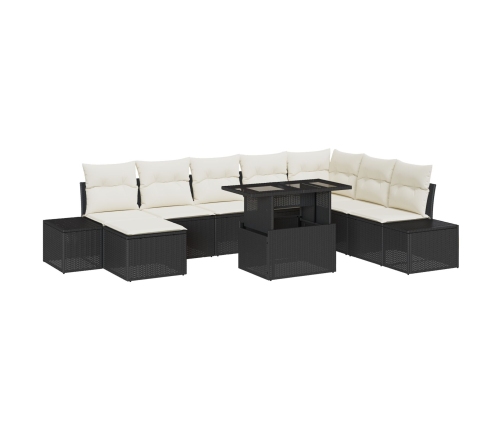 Set de Sofás de Jardín Juego de 9 Negro y crema Ratán y poliéster